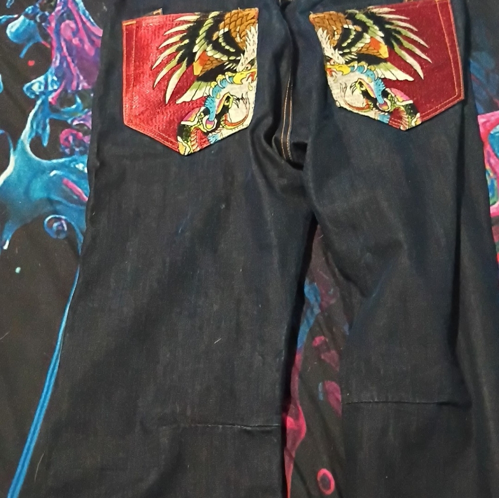 Ed Hardy Men's Relaxed Jeans with Red and Blue Accents